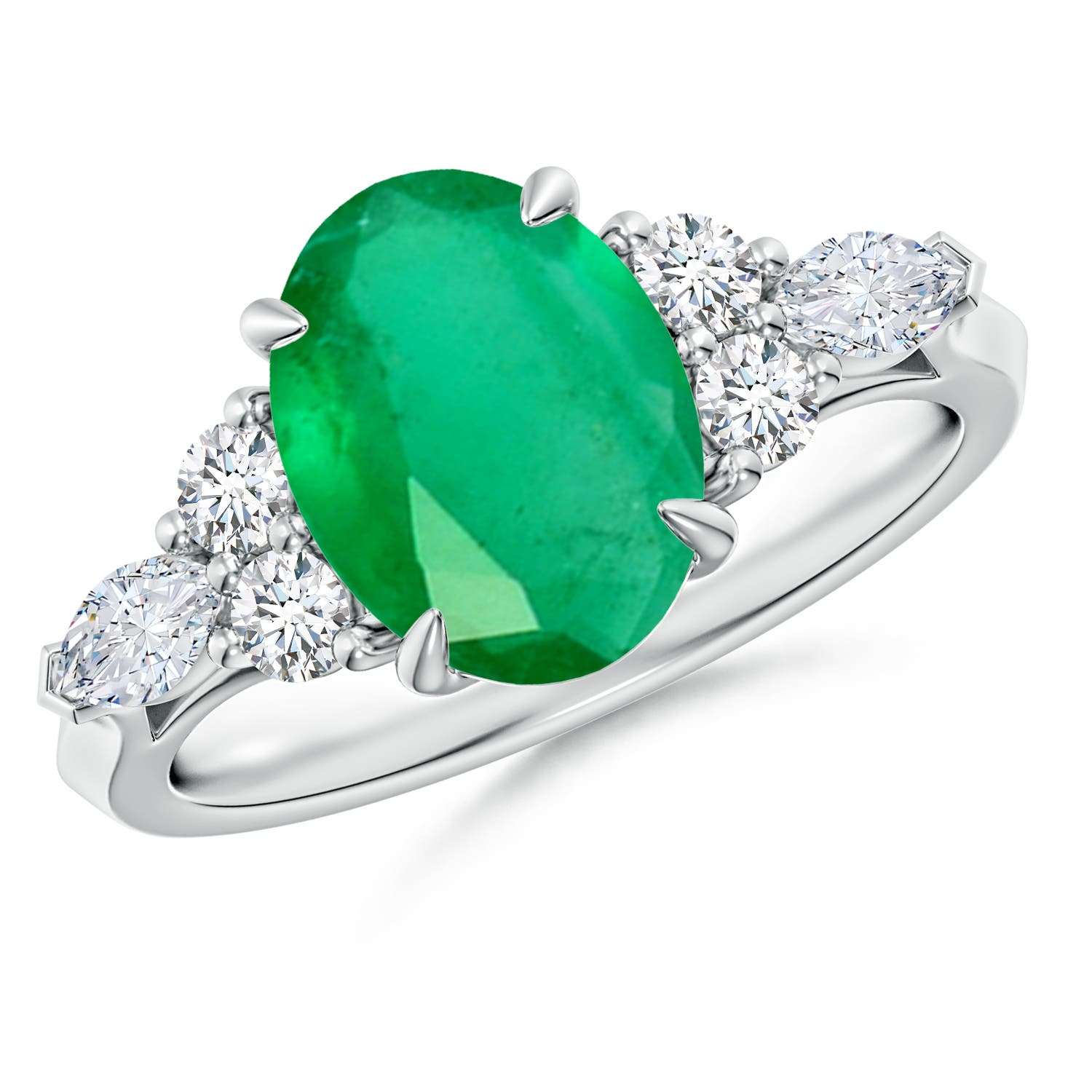 10x8mm A Oval Emerald Side Stone Engagement Ring with Diamonds in White Gold