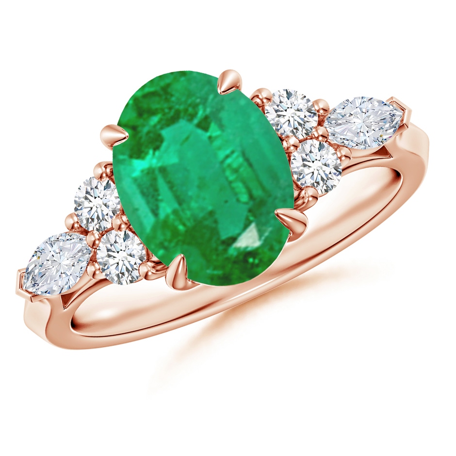 10x8mm AA Oval Emerald Side Stone Engagement Ring with Diamonds in 18K Rose Gold 