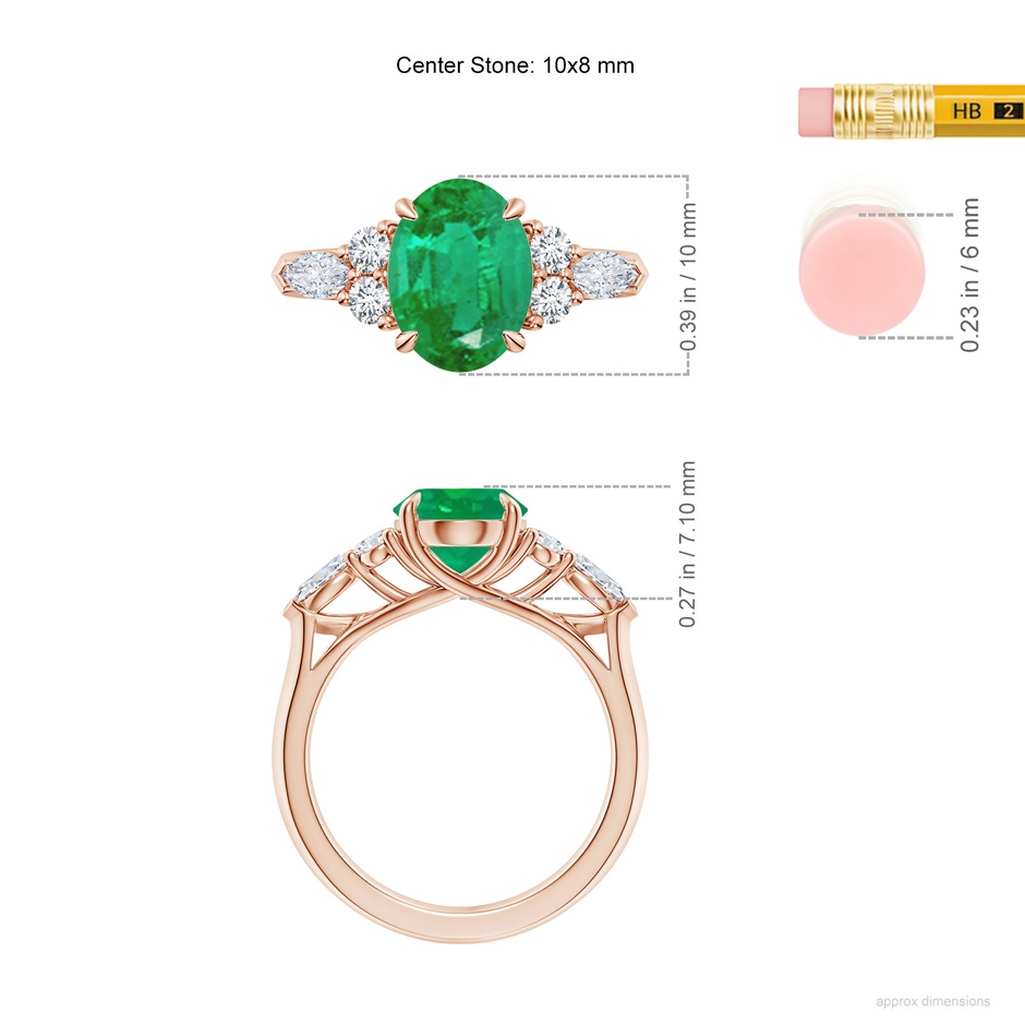 10x8mm AA Oval Emerald Side Stone Engagement Ring with Diamonds in 18K Rose Gold ruler
