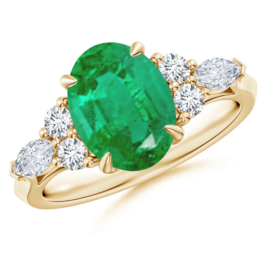 10x8mm AA Oval Emerald Side Stone Engagement Ring with Diamonds in Yellow Gold 