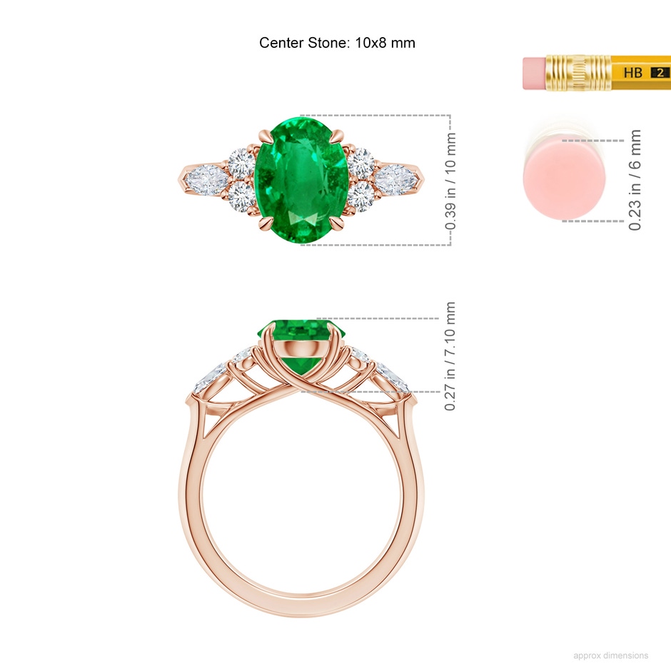 10x8mm AAA Oval Emerald Side Stone Engagement Ring with Diamonds in Rose Gold ruler