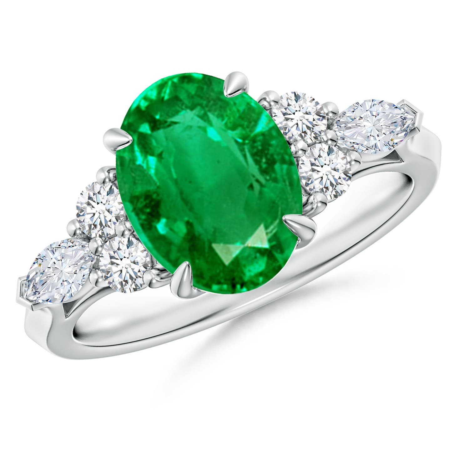 10x8mm AAA Oval Emerald Side Stone Engagement Ring with Diamonds in White Gold