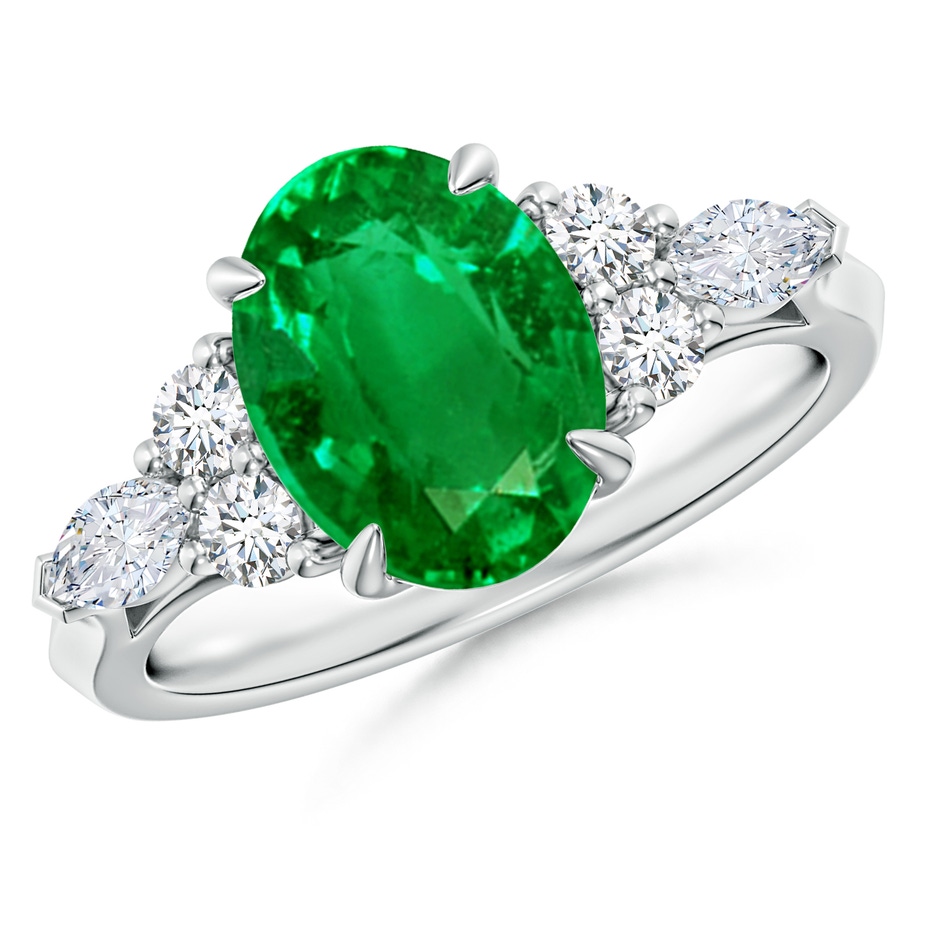 10x8mm AAAA Oval Emerald Side Stone Engagement Ring with Diamonds in P950 Platinum 