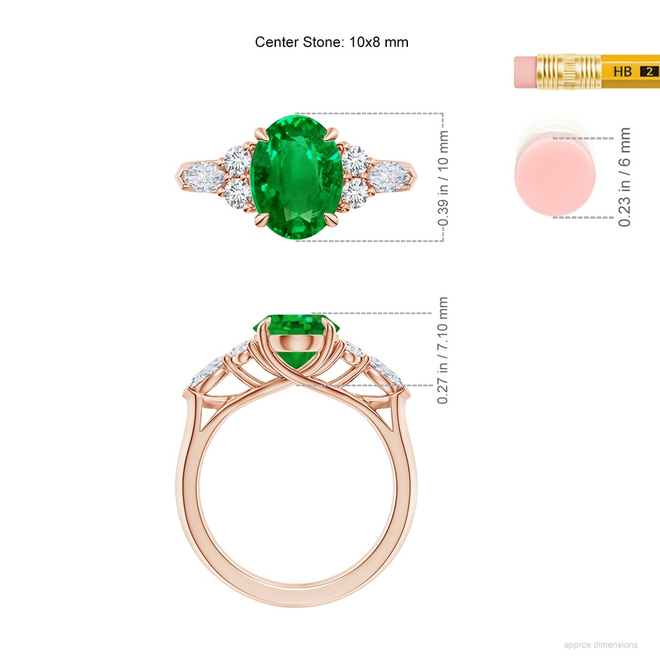 10x8mm AAAA Oval Emerald Side Stone Engagement Ring with Diamonds in Rose Gold ruler