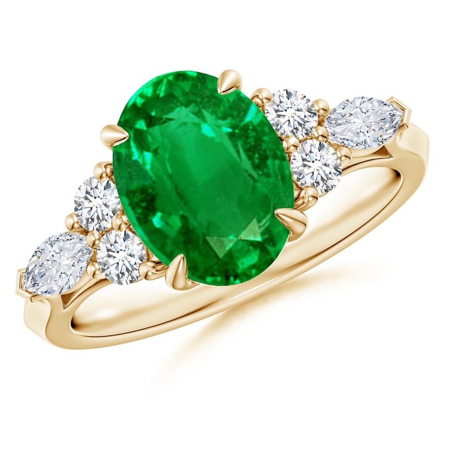 10x8mm AAAA Oval Emerald Side Stone Engagement Ring with Diamonds in Yellow Gold 