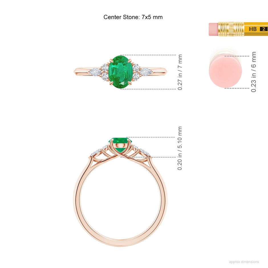 7x5mm AA Oval Emerald Side Stone Engagement Ring with Diamonds in Rose Gold ruler