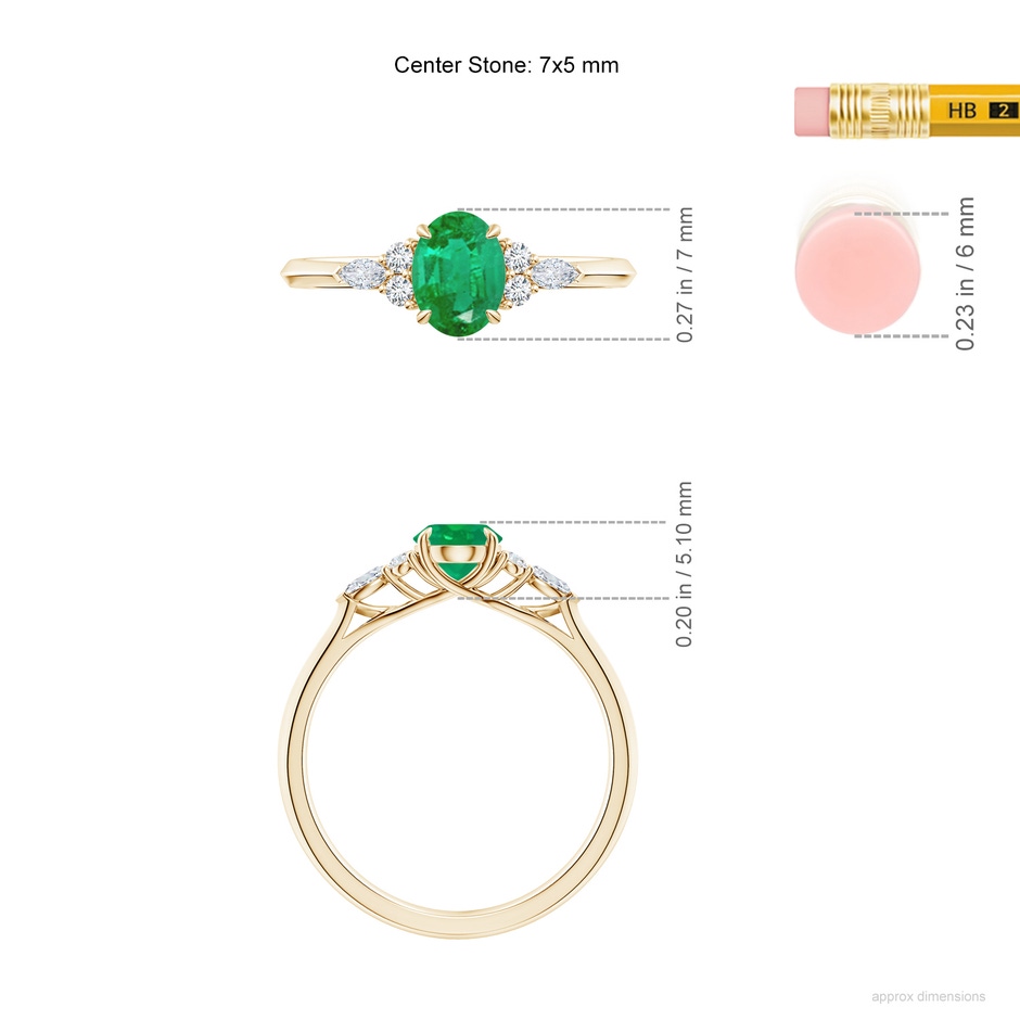 7x5mm AA Oval Emerald Side Stone Engagement Ring with Diamonds in Yellow Gold ruler