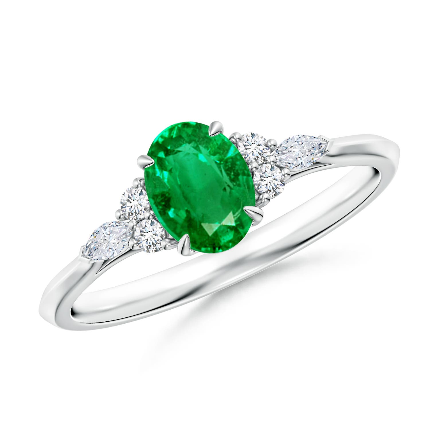 7x5mm AAA Oval Emerald Side Stone Engagement Ring with Diamonds in 18K White Gold