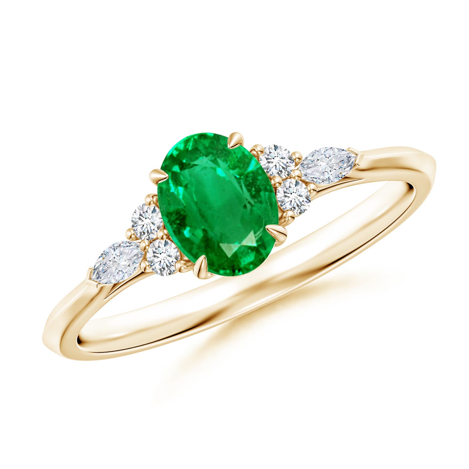 7x5mm AAA Oval Emerald Side Stone Engagement Ring with Diamonds in 18K Yellow Gold