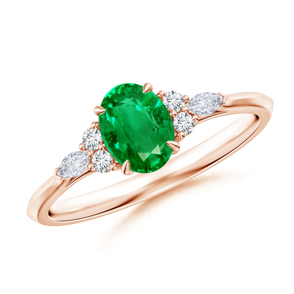 7x5mm AAA Oval Emerald Side Stone Engagement Ring with Diamonds in Rose Gold 