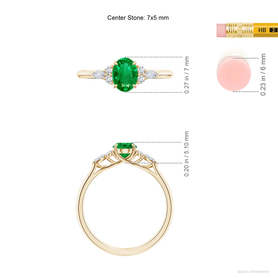 7x5mm AAA Oval Emerald Side Stone Engagement Ring with Diamonds in Yellow Gold ruler