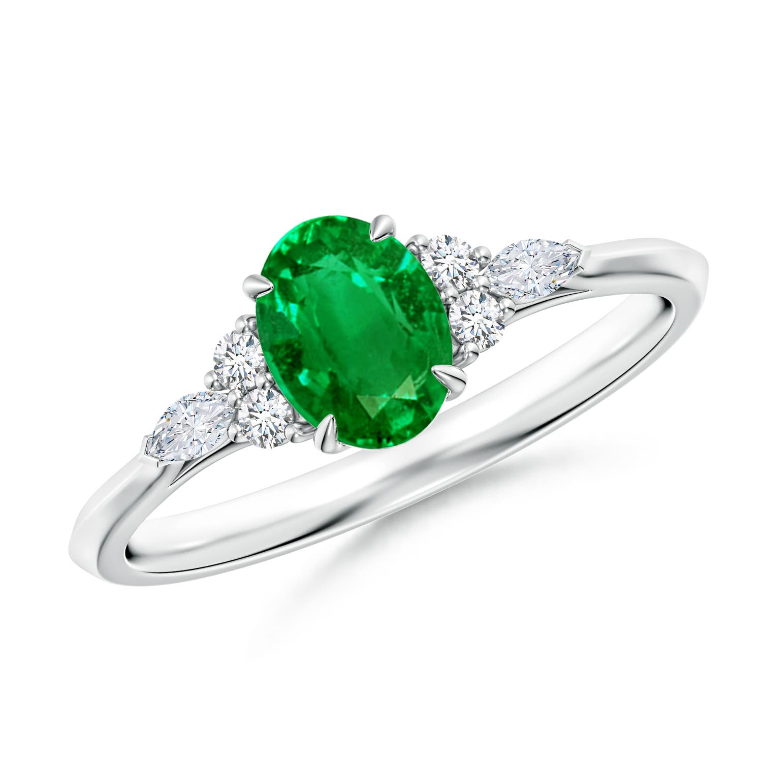 7x5mm AAAA Oval Emerald Side Stone Engagement Ring with Diamonds in 18K White Gold