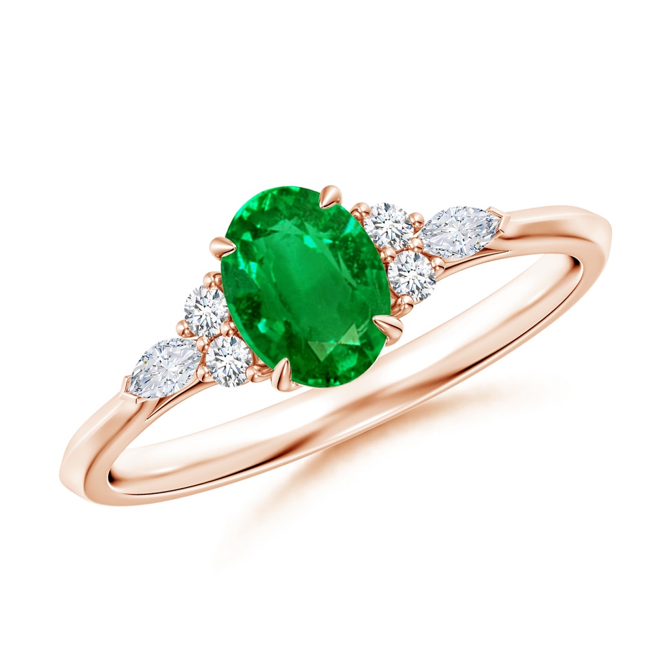 7x5mm AAAA Oval Emerald Side Stone Engagement Ring with Diamonds in Rose Gold 