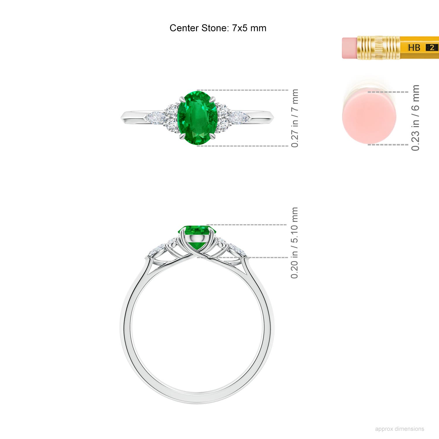 7x5mm AAAA Oval Emerald Side Stone Engagement Ring with Diamonds in White Gold - ruler