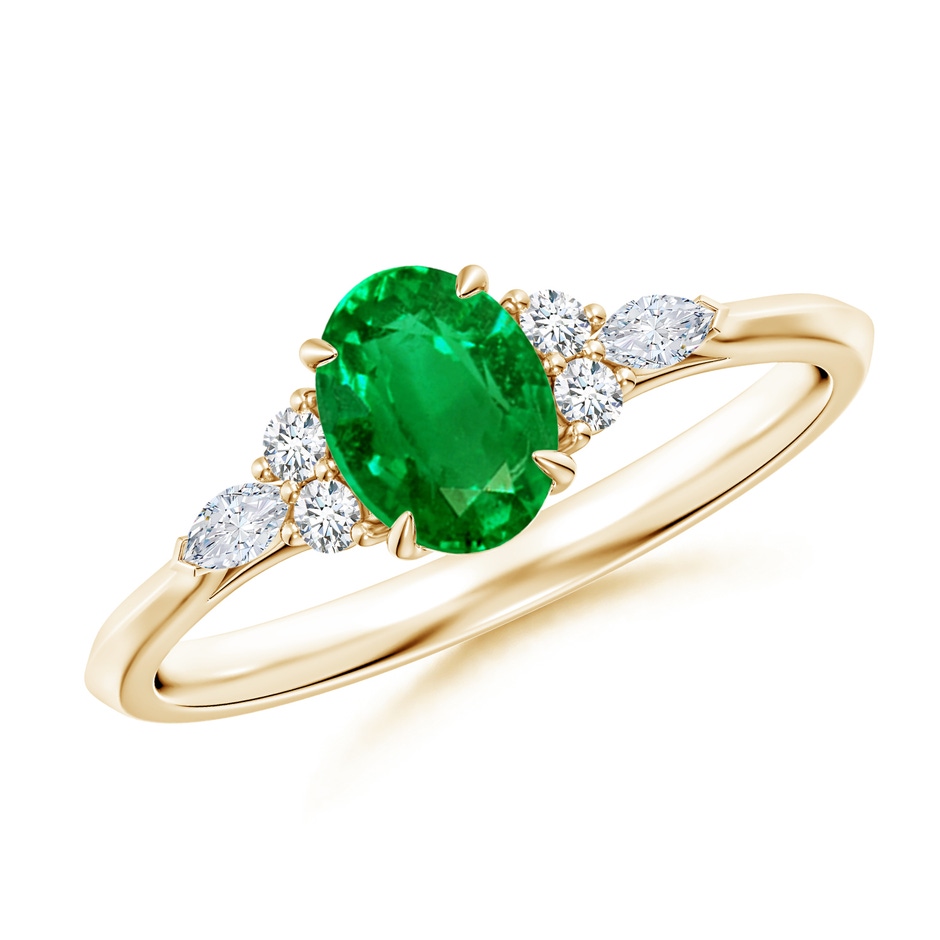 7x5mm AAAA Oval Emerald Side Stone Engagement Ring with Diamonds in Yellow Gold 