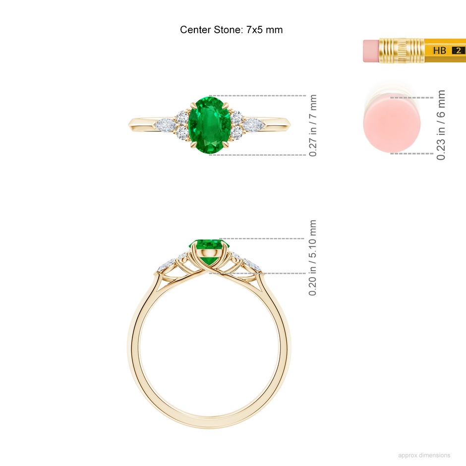7x5mm AAAA Oval Emerald Side Stone Engagement Ring with Diamonds in Yellow Gold ruler