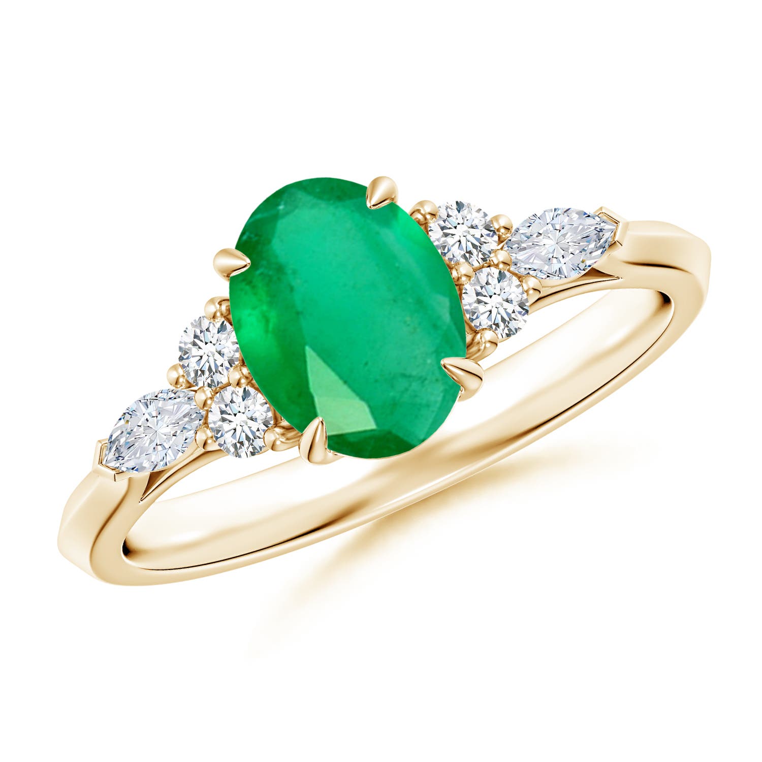 8x6mm A Oval Emerald Side Stone Engagement Ring with Diamonds in 18K Yellow Gold