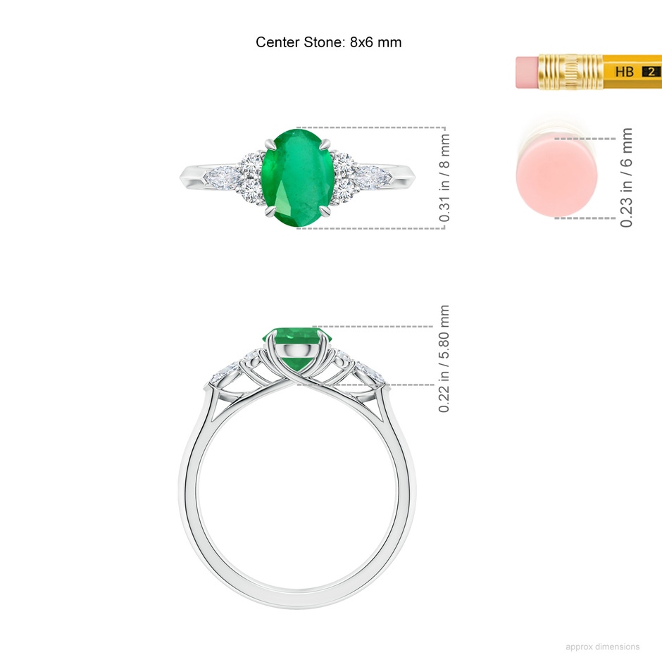 8x6mm A Oval Emerald Side Stone Engagement Ring with Diamonds in White Gold ruler
