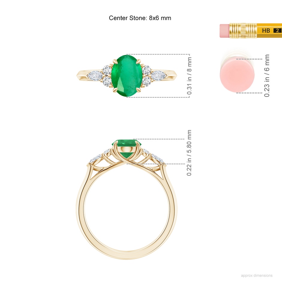 8x6mm A Oval Emerald Side Stone Engagement Ring with Diamonds in Yellow Gold ruler