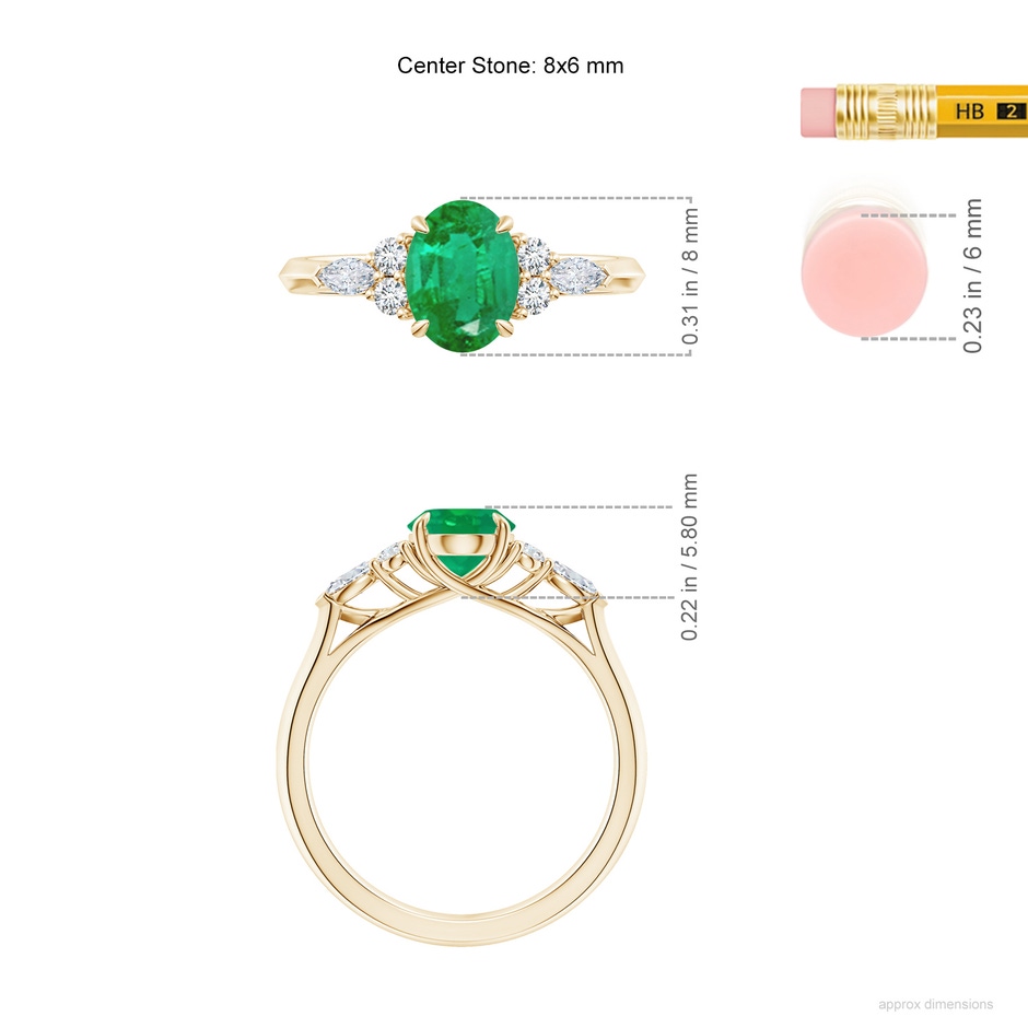 8x6mm AA Oval Emerald Side Stone Engagement Ring with Diamonds in Yellow Gold ruler