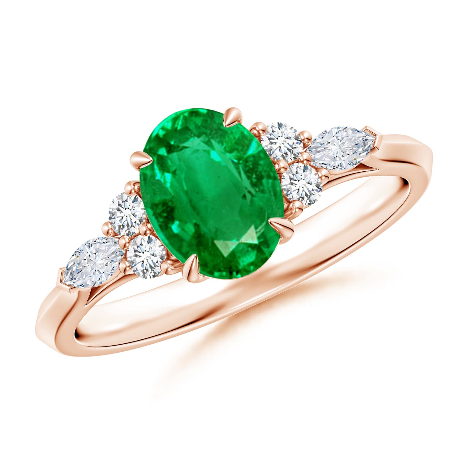 8x6mm AAA Oval Emerald Side Stone Engagement Ring with Diamonds in 18K Rose Gold