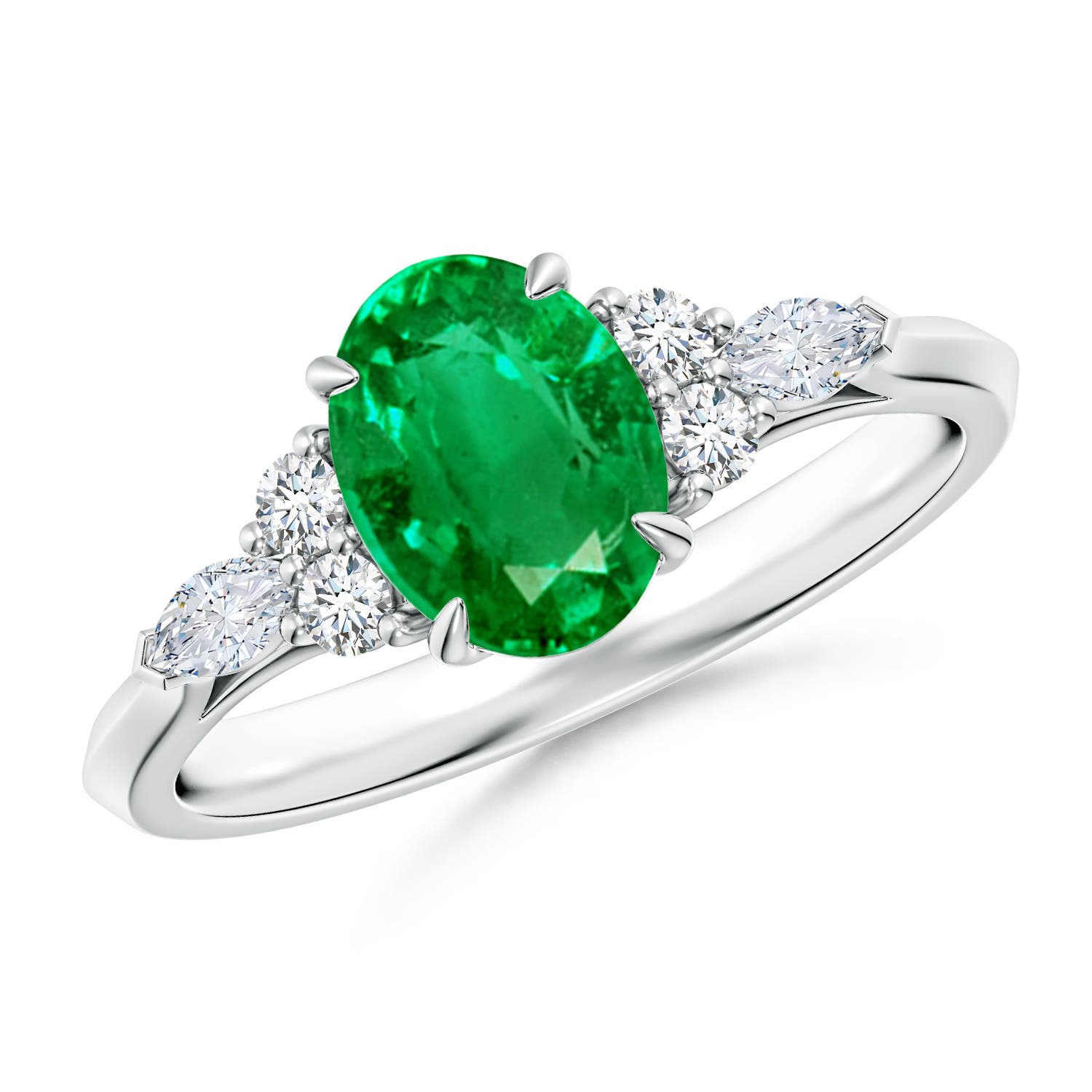 8x6mm AAA Oval Emerald Side Stone Engagement Ring with Diamonds in White Gold