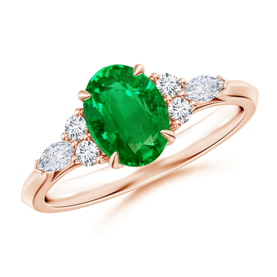 8x6mm AAAA Oval Emerald Side Stone Engagement Ring with Diamonds in Rose Gold 