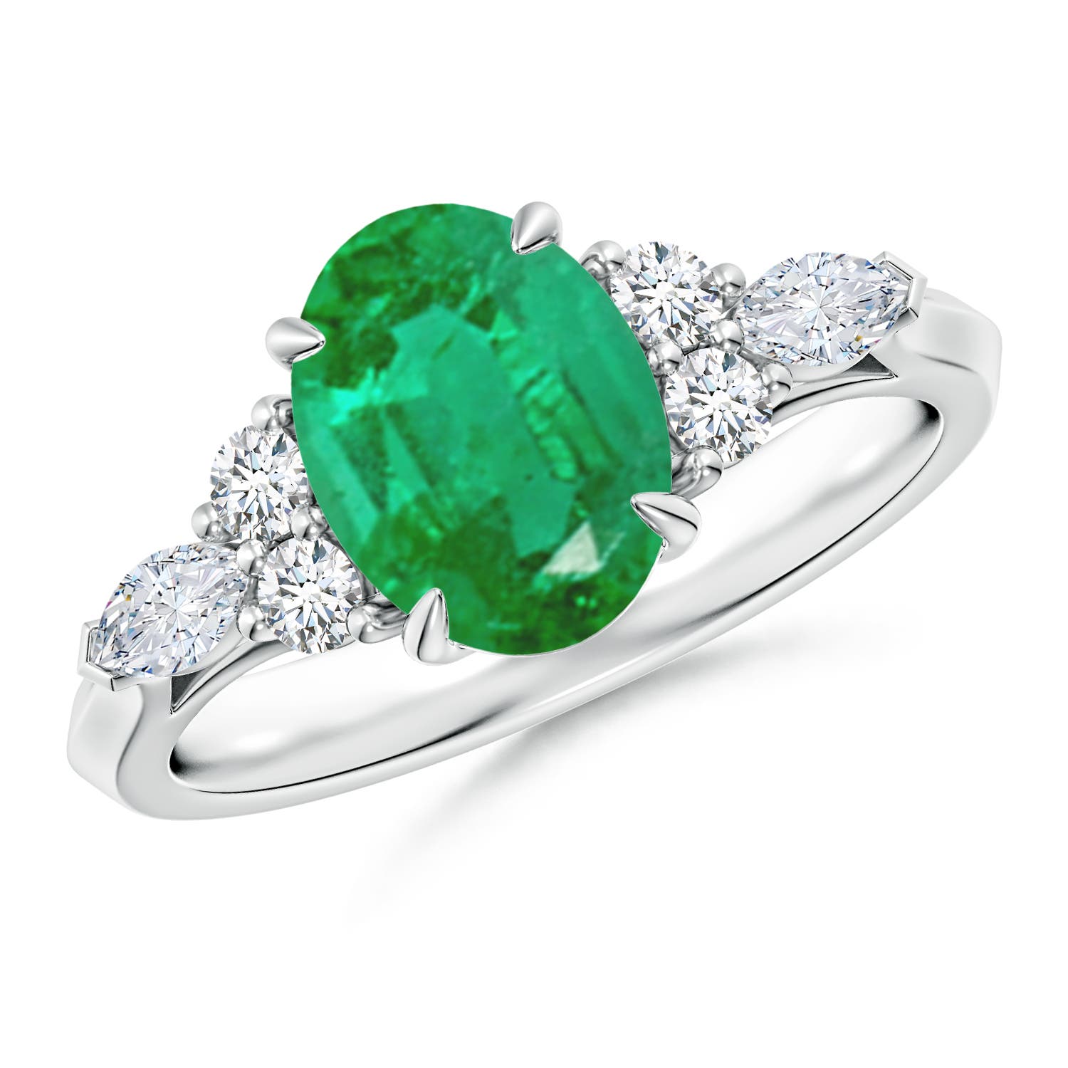 9x7mm AA Oval Emerald Side Stone Engagement Ring with Diamonds in P950 Platinum