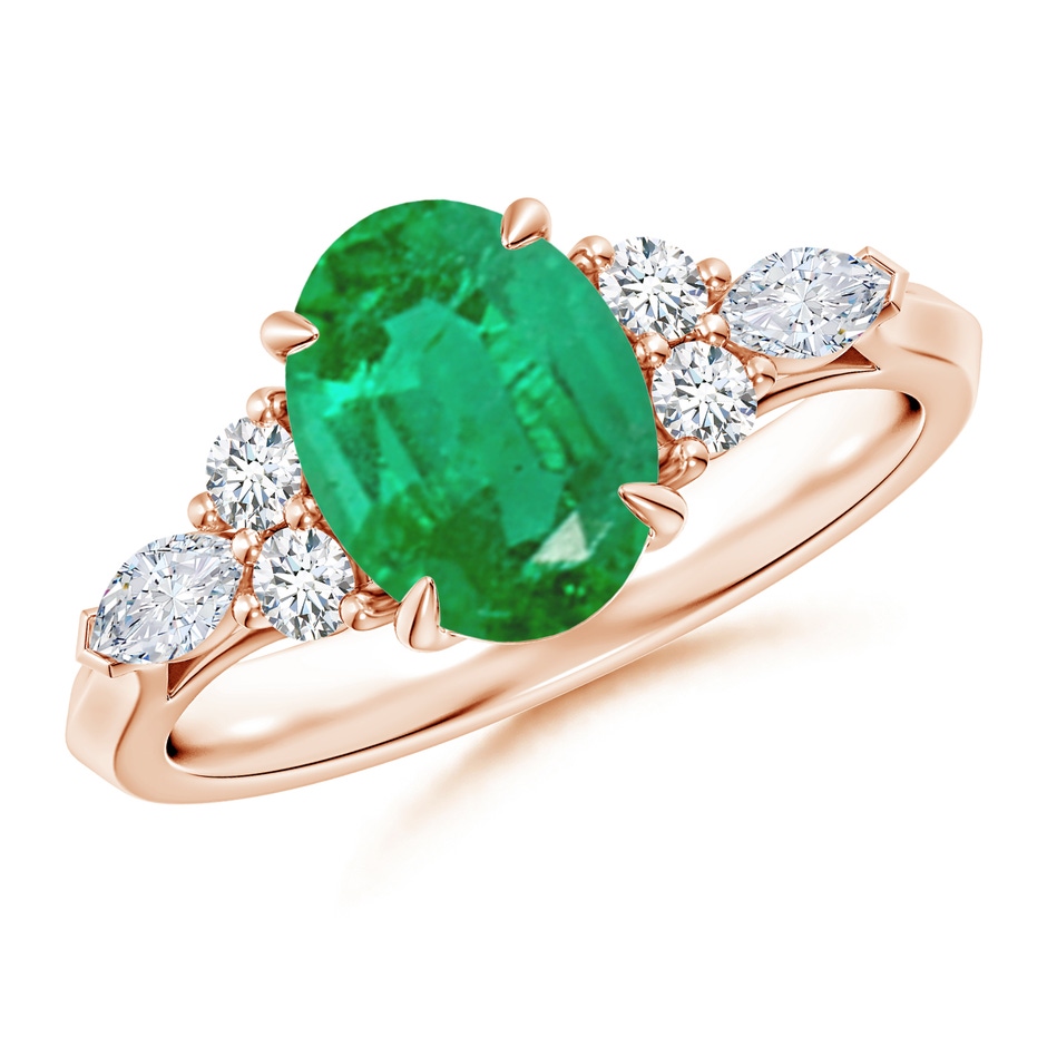 9x7mm AA Oval Emerald Side Stone Engagement Ring with Diamonds in Rose Gold 