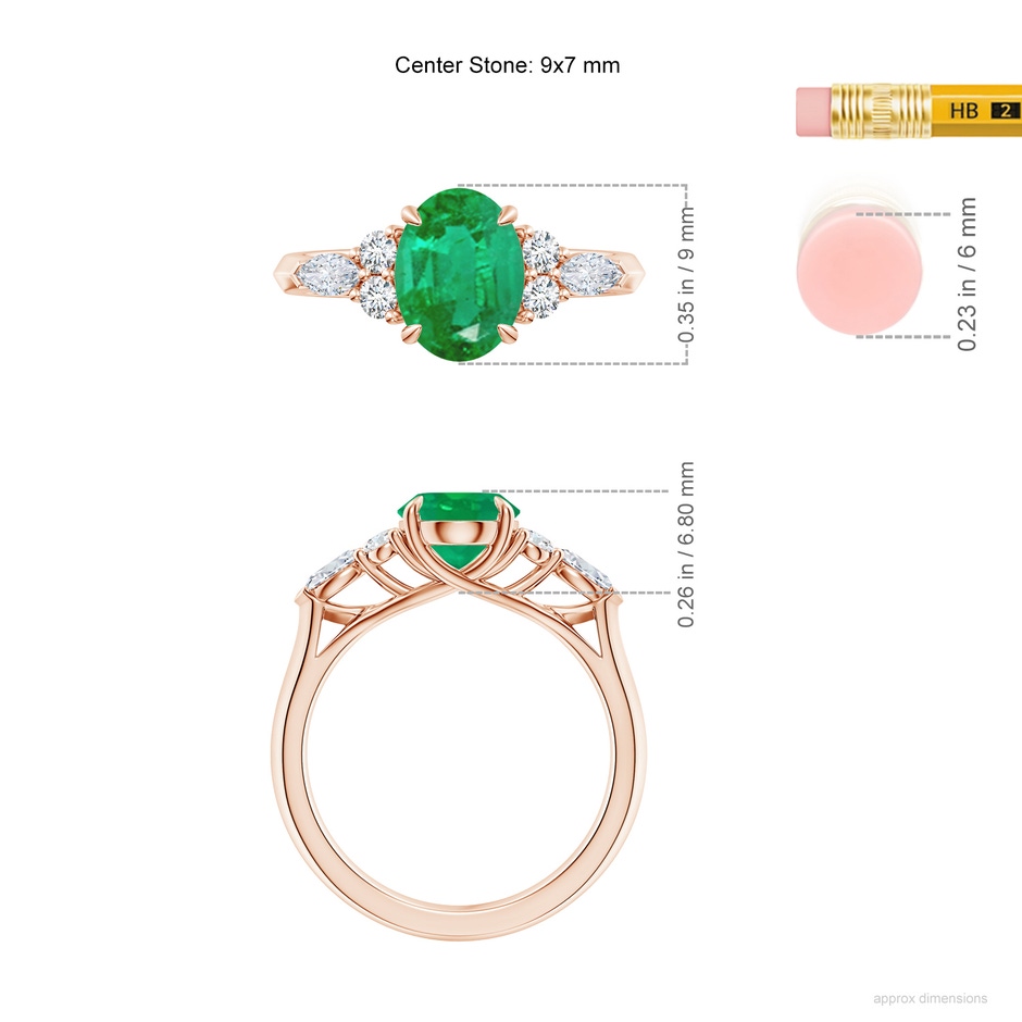 9x7mm AA Oval Emerald Side Stone Engagement Ring with Diamonds in Rose Gold ruler