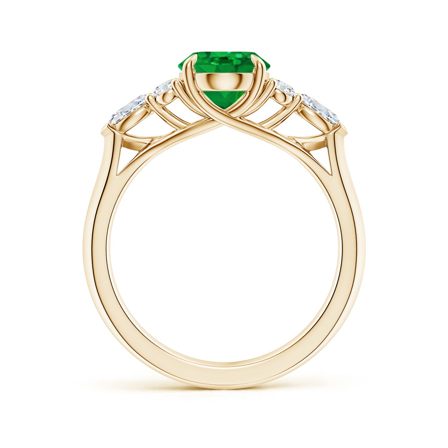 9x7mm AAA Oval Emerald Side Stone Engagement Ring with Diamonds in 18K Yellow Gold