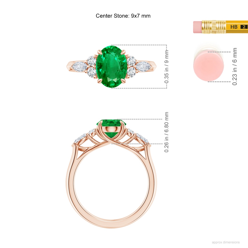 9x7mm AAA Oval Emerald Side Stone Engagement Ring with Diamonds in Rose Gold ruler