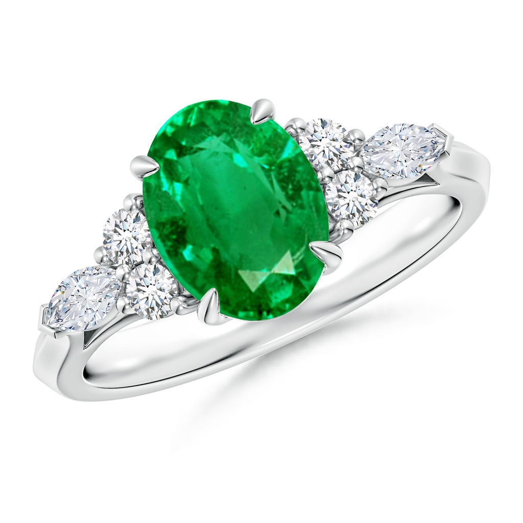 9x7mm AAA Oval Emerald Side Stone Engagement Ring with Diamonds in White Gold