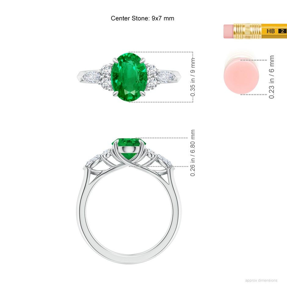 9x7mm AAA Oval Emerald Side Stone Engagement Ring with Diamonds in White Gold ruler