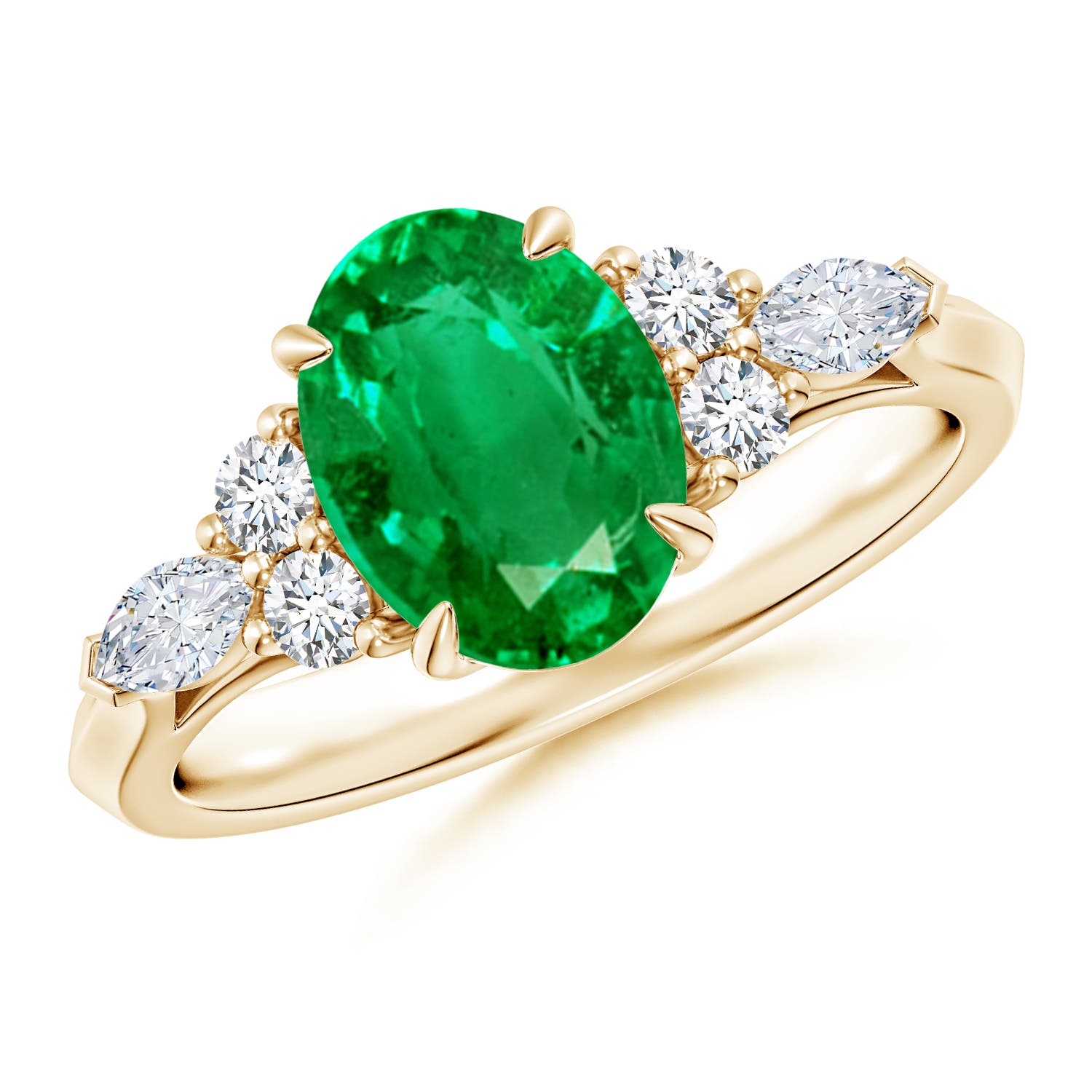 9x7mm AAA Oval Emerald Side Stone Engagement Ring with Diamonds in Yellow Gold