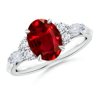 9x7mm AAAA Oval Ruby Side Stone Engagement Ring with Diamonds in P950 Platinum