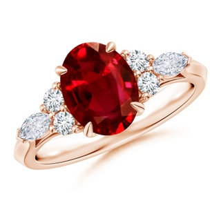 9x7mm AAAA Oval Ruby Side Stone Engagement Ring with Diamonds in Rose Gold