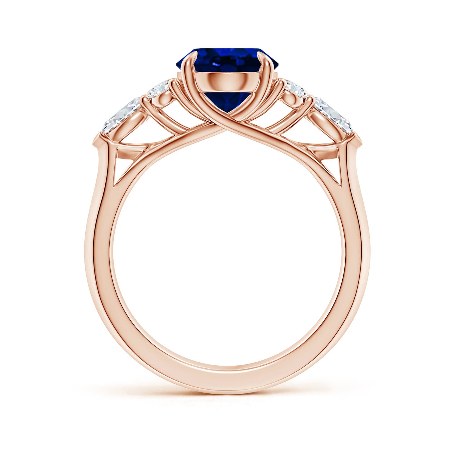10x8mm AAAA Oval Blue Sapphire Side Stone Engagement Ring with Diamonds in 18K Rose Gold