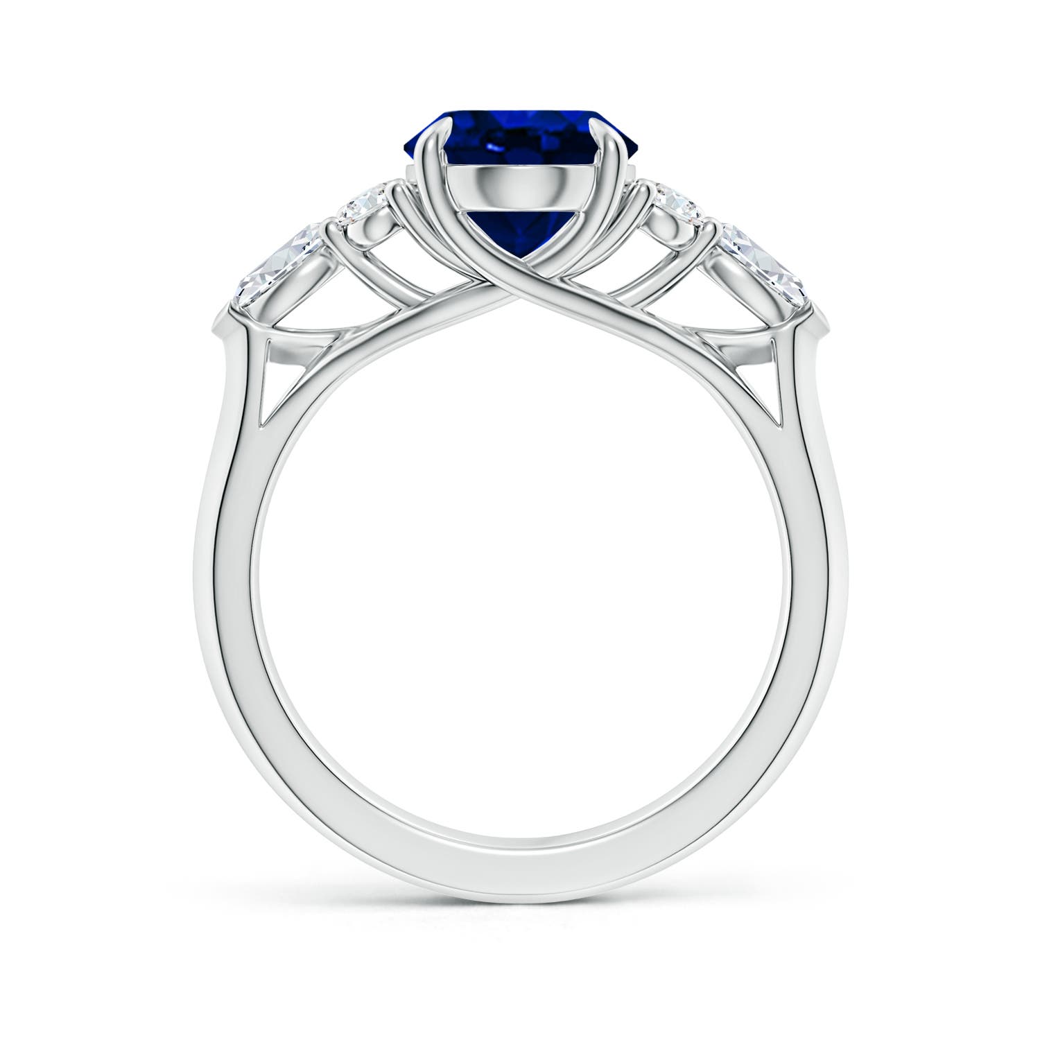 10x8mm AAAA Oval Blue Sapphire Side Stone Engagement Ring with Diamonds in 18K White Gold