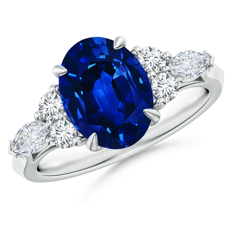 10x8mm Lab-Grown Oval Blue Sapphire Side Stone Engagement Ring with Diamonds in P950 Platinum 
