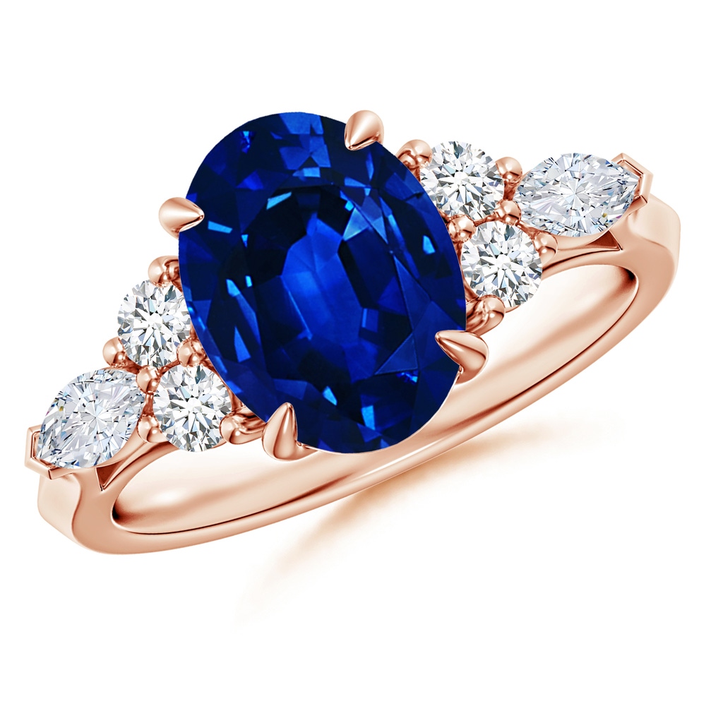 10x8mm Lab-Grown Oval Blue Sapphire Side Stone Engagement Ring with Diamonds in Rose Gold