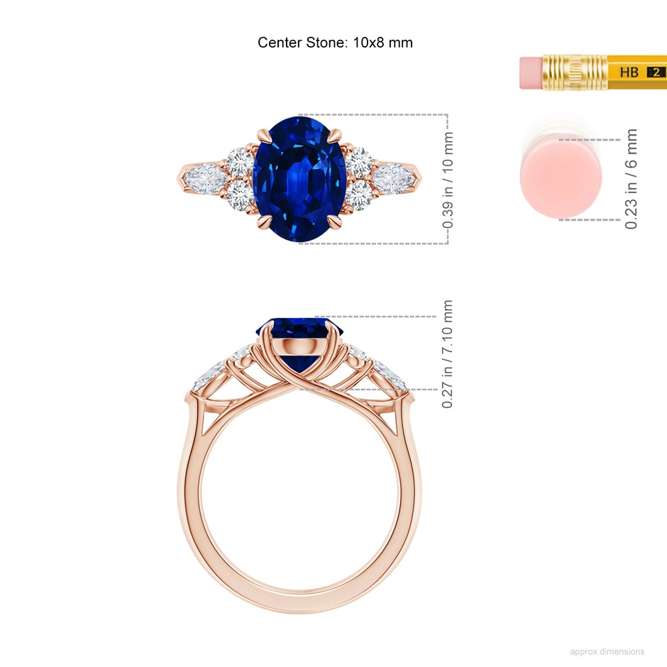 10x8mm Lab-Grown Oval Blue Sapphire Side Stone Engagement Ring with Diamonds in Rose Gold ruler