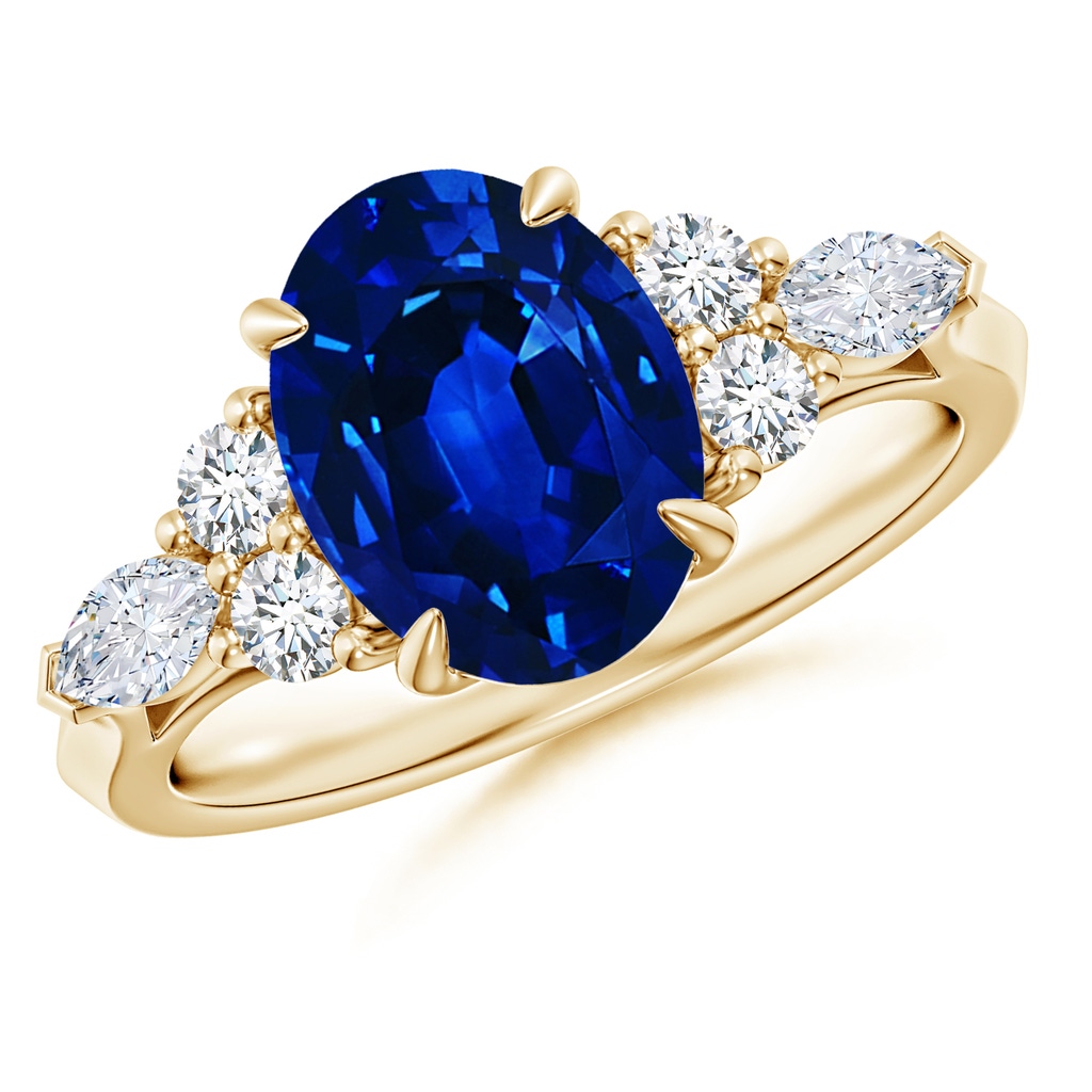 10x8mm Lab-Grown Oval Blue Sapphire Side Stone Engagement Ring with Diamonds in Yellow Gold
