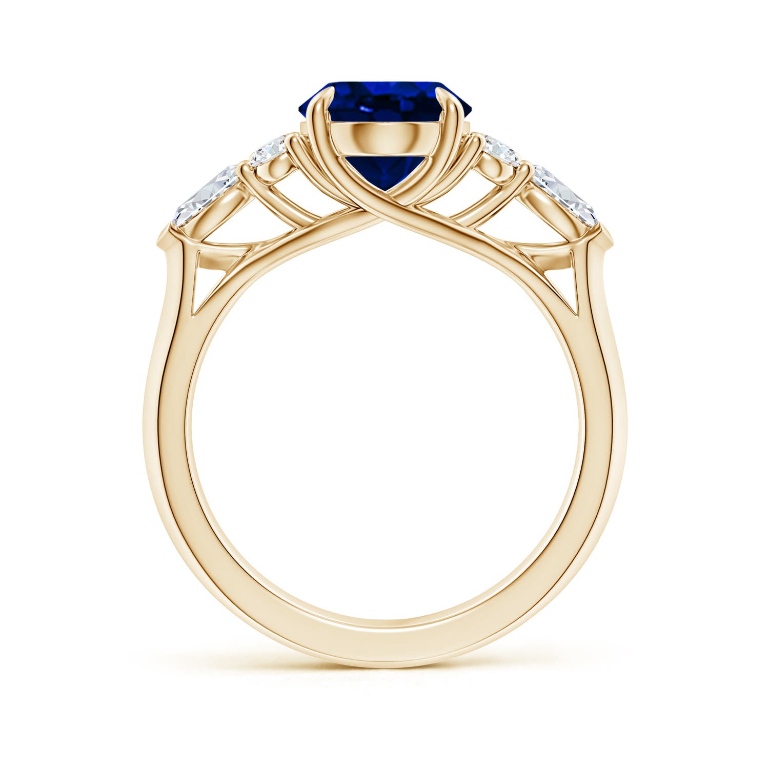 10x8mm AAAA Oval Blue Sapphire Side Stone Engagement Ring with Diamonds in Yellow Gold