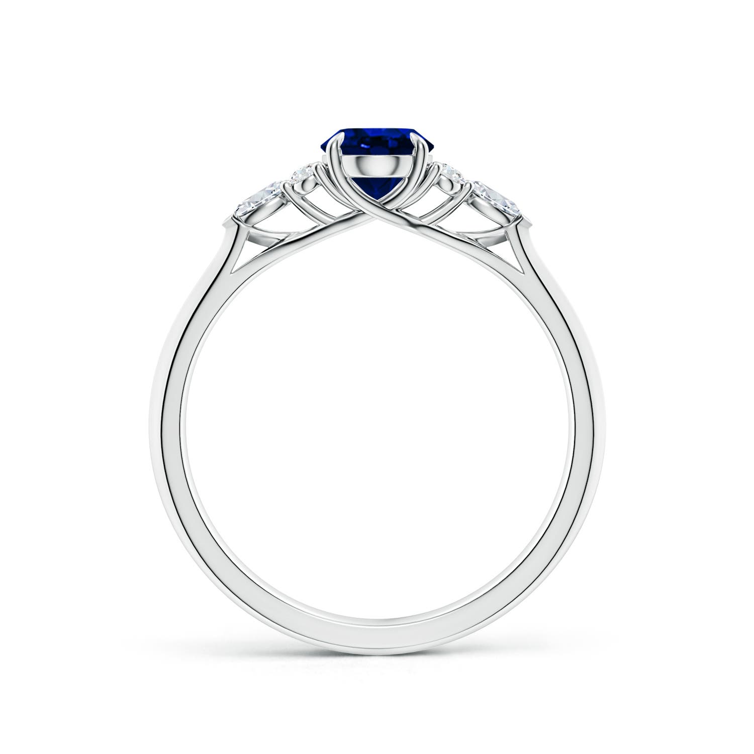 7x5mm AAAA Oval Blue Sapphire Side Stone Engagement Ring with Diamonds in 18K White Gold