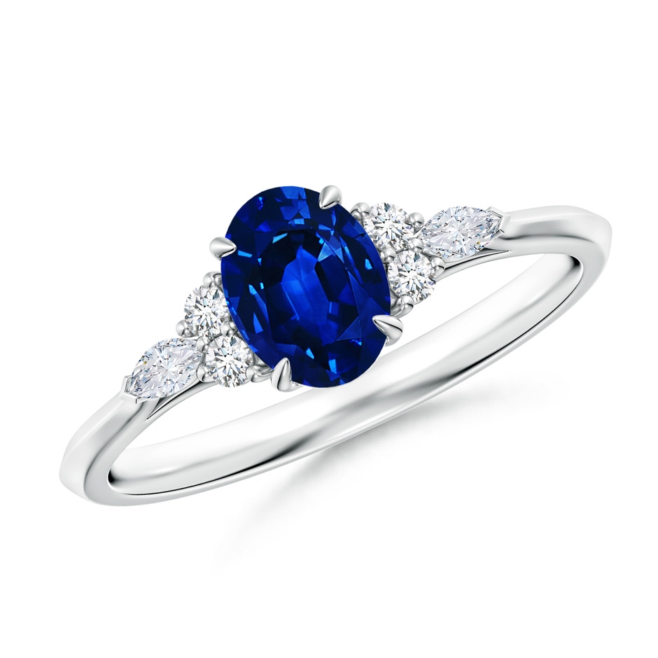 7x5mm Lab-Grown Oval Blue Sapphire Side Stone Engagement Ring with Diamonds in P950 Platinum 