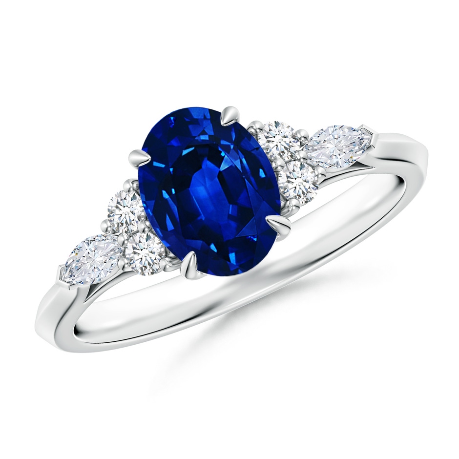 8x6mm Lab-Grown Oval Blue Sapphire Side Stone Engagement Ring with Diamonds in 18K White Gold 