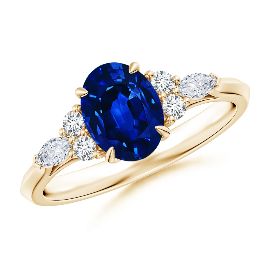 8x6mm Lab-Grown Oval Blue Sapphire Side Stone Engagement Ring with Diamonds in Yellow Gold 