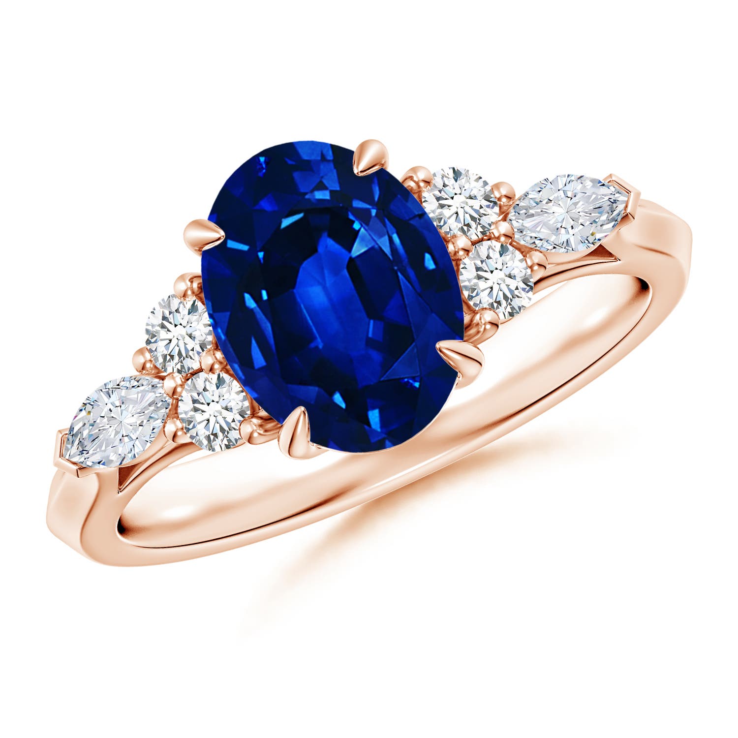9x7mm AAAA Oval Blue Sapphire Side Stone Engagement Ring with Diamonds in 18CT Rose Gold