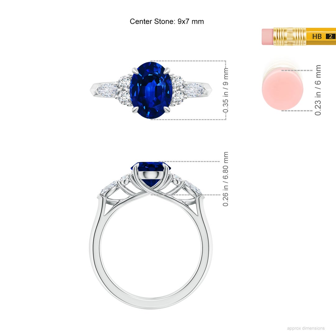 9x7mm AAAA Oval Blue Sapphire Side Stone Engagement Ring with Diamonds in White Gold - ruler